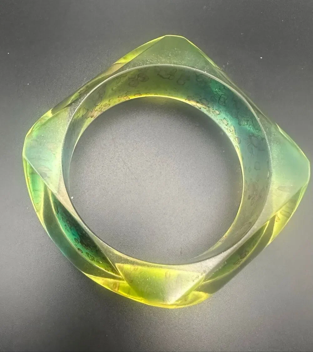 Artisan Resin Bangle Bracelet Green Teal Gold abstract wide statement cuff
